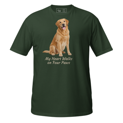 Golden Retriever — My Heart Walks on Four Paws tee in Forest 
Green – front view