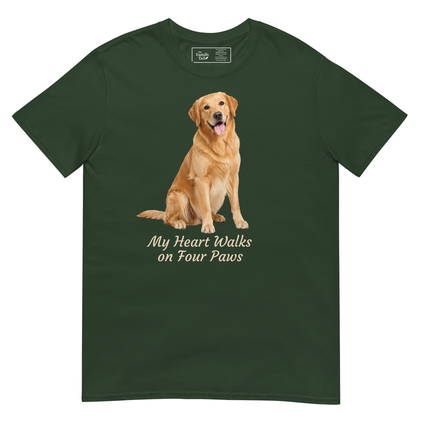 Golden Retriever — My Heart Walks on Four Paws tee in Forest 
Green – front view