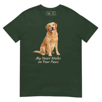 Golden Retriever — My Heart Walks on Four Paws tee in Forest 
Green – front view