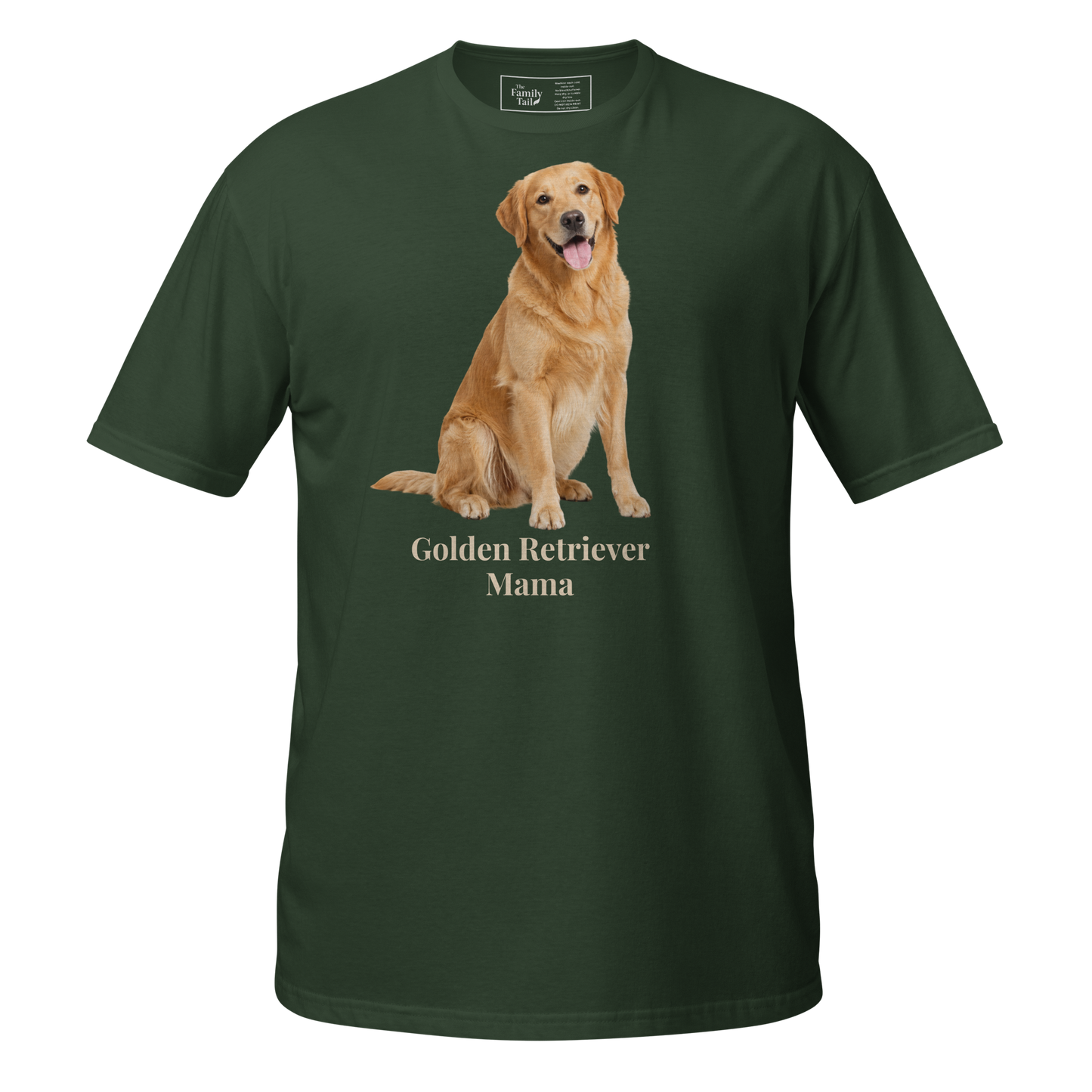 A forest green short-sleeve crewneck t-shirt featuring a graphic print of a golden retriever dog sitting above the text 'Golden Retriever Mama' in a light beige font on a transparent background.