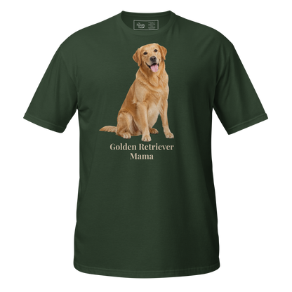 A forest green short-sleeve crewneck t-shirt featuring a graphic print of a golden retriever dog sitting above the text 'Golden Retriever Mama' in a light beige font on a transparent background.