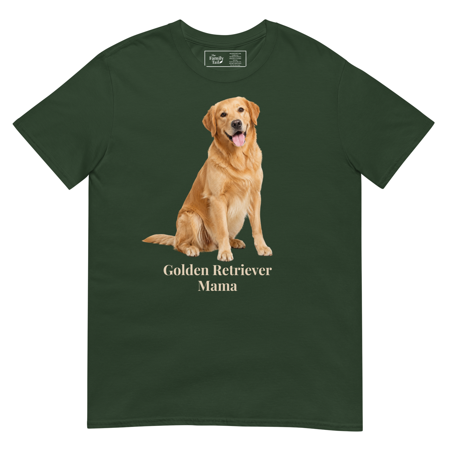 A forest green short-sleeve crewneck t-shirt featuring a graphic print of a golden retriever dog sitting above the text 'Golden Retriever Mama' in a light beige font on a transparent background.
