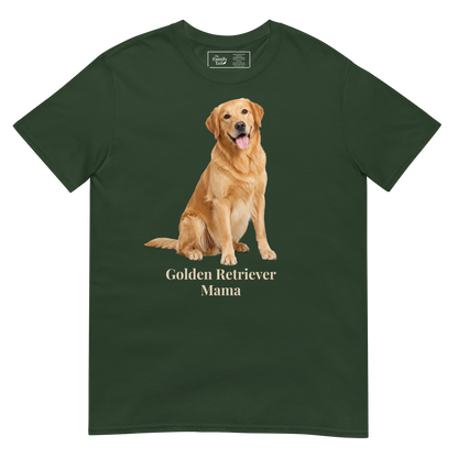 A forest green short-sleeve crewneck t-shirt featuring a graphic print of a golden retriever dog sitting above the text 'Golden Retriever Mama' in a light beige font on a transparent background.
