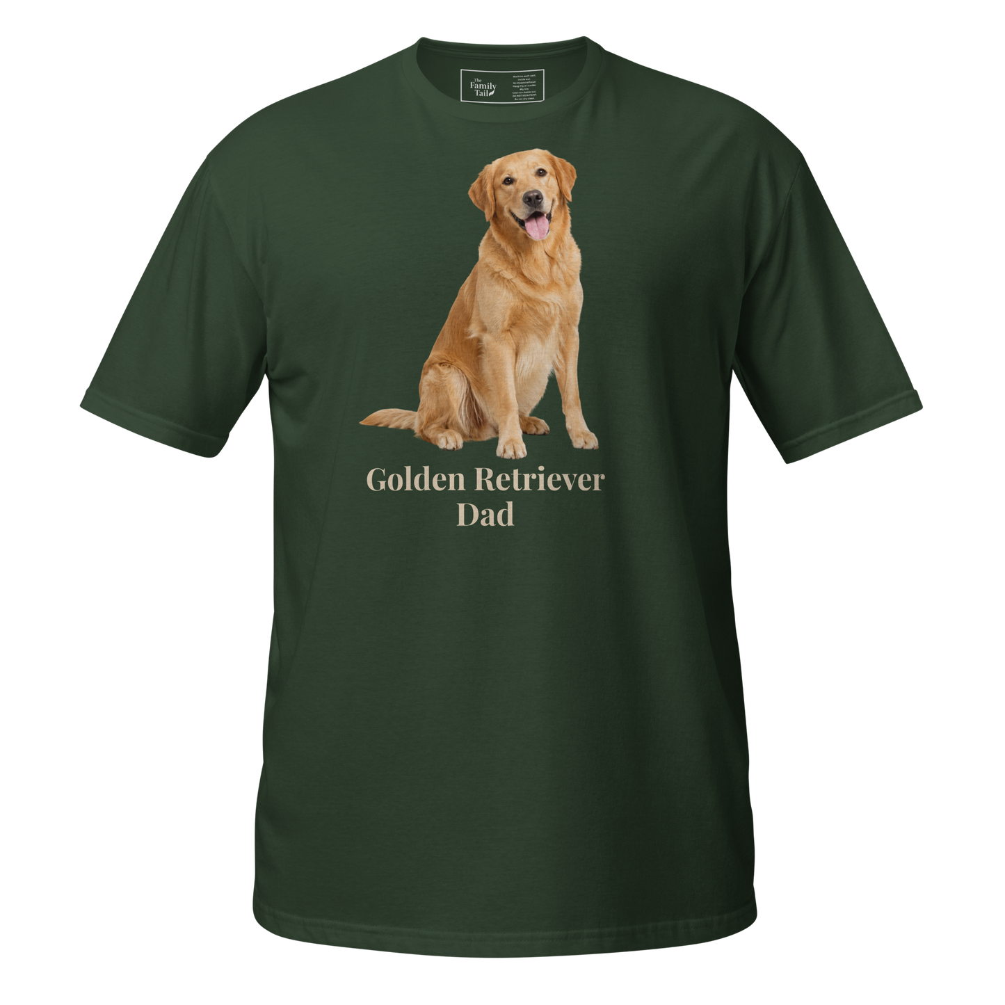 A forest green short-sleeve t-shirt with a graphic of a golden retriever dog sitting above the text 'Golden Retriever Dad' in beige font, shown on a transparent background.
