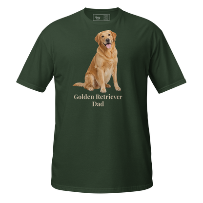 A forest green short-sleeve t-shirt with a graphic of a golden retriever dog sitting above the text 'Golden Retriever Dad' in beige font, shown on a transparent background.