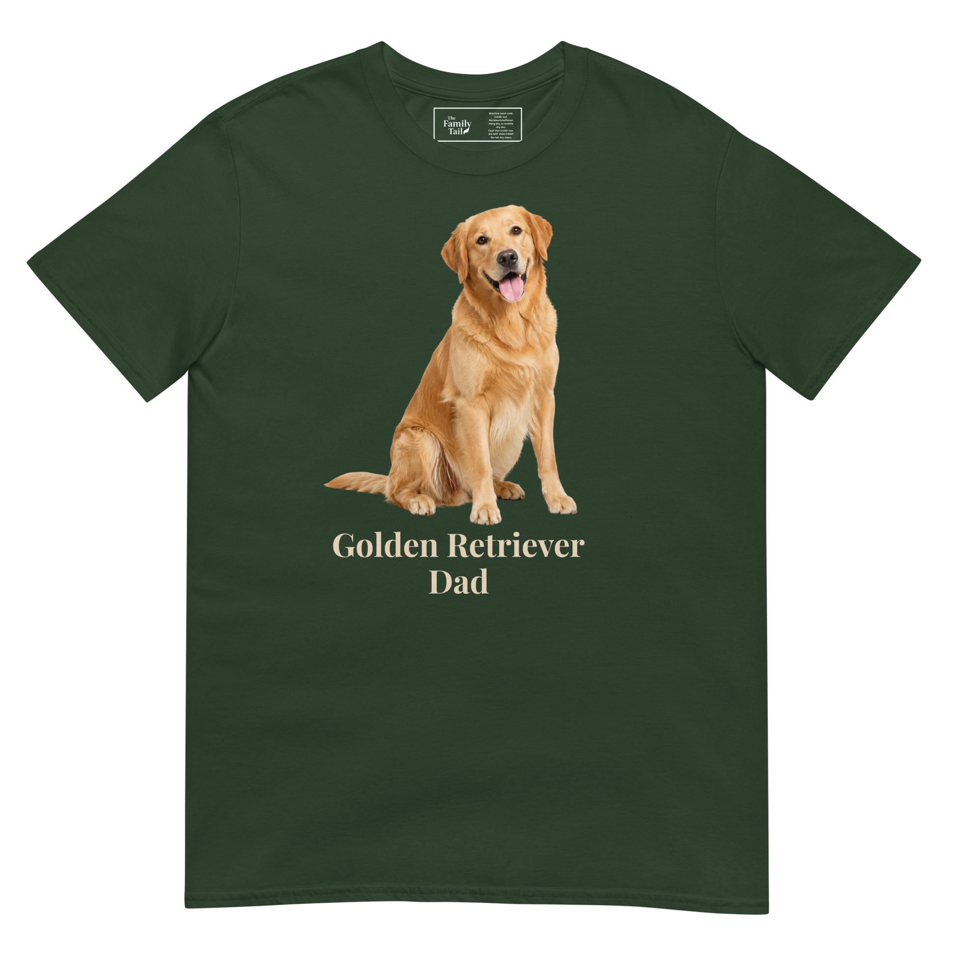 A forest green short-sleeve t-shirt with a graphic of a golden retriever dog sitting above the text 'Golden Retriever Dad' in beige font, shown on a transparent background.