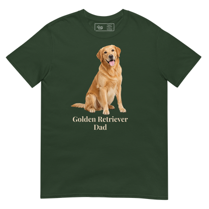 A forest green short-sleeve t-shirt with a graphic of a golden retriever dog sitting above the text 'Golden Retriever Dad' in beige font, shown on a transparent background.