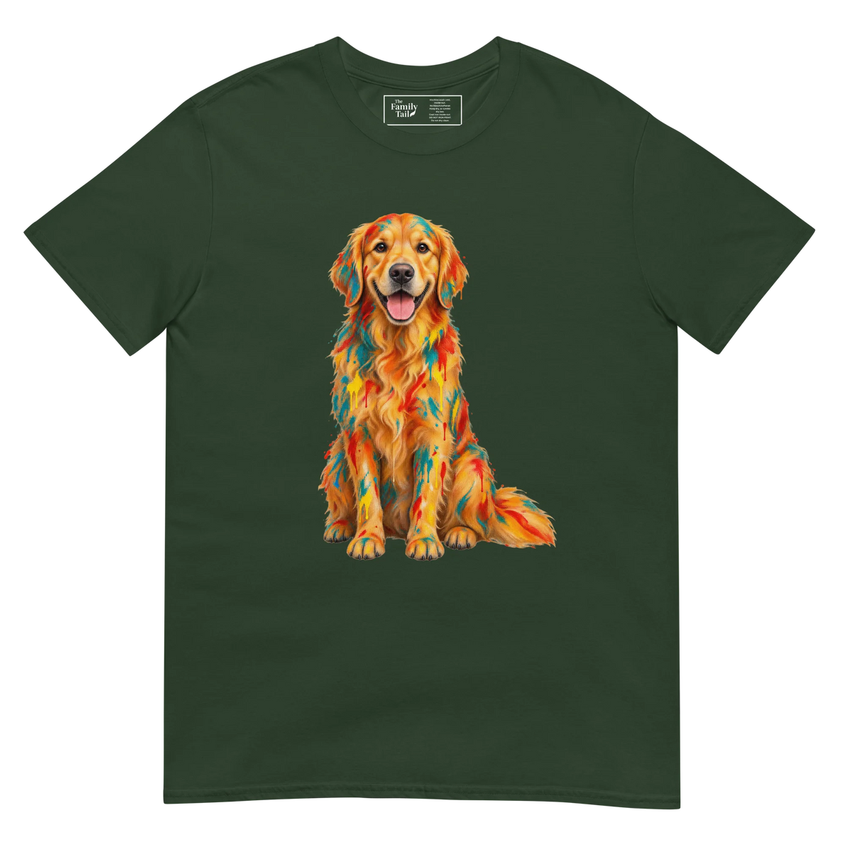 A forest green short-sleeve crewneck t-shirt featuring a colorful graphic print of a Golden Retriever dog with a geometric, mosaic-like pattern in orange, yellow, and red.