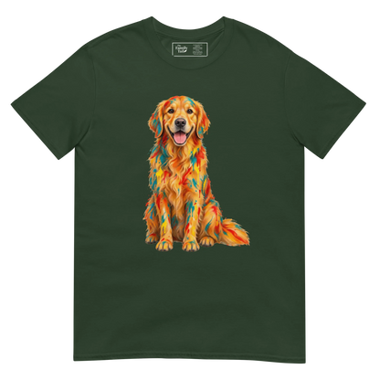 A forest green short-sleeve crewneck t-shirt featuring a colorful graphic print of a Golden Retriever dog with a geometric, mosaic-like pattern in orange, yellow, and red.