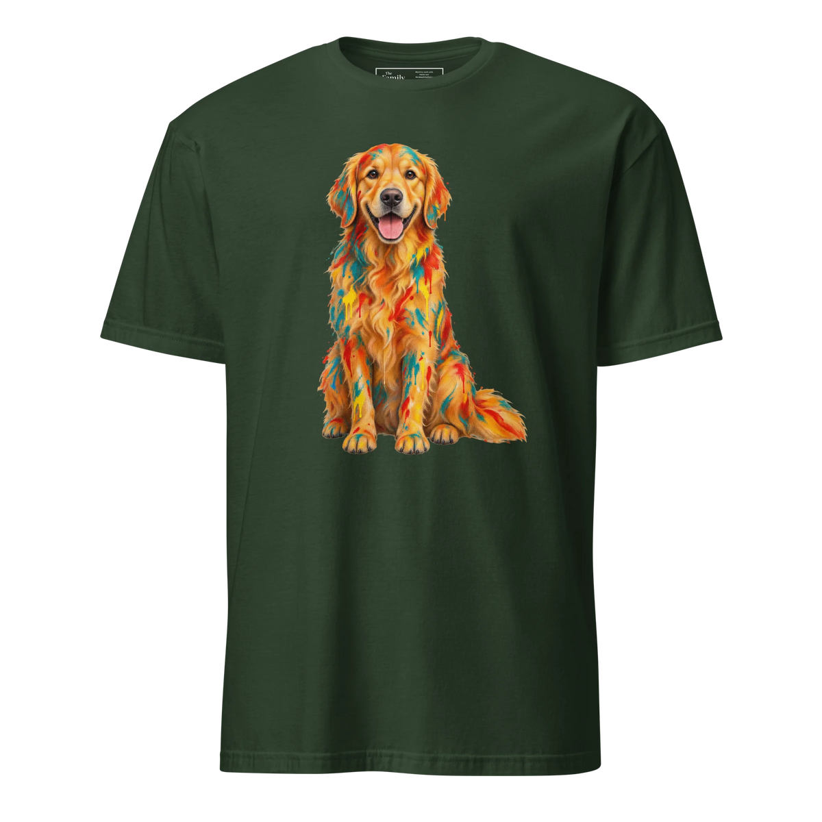 A forest green short-sleeve crewneck t-shirt featuring a colorful graphic print of a Golden Retriever dog with a geometric, mosaic-like pattern in orange, yellow, and red.