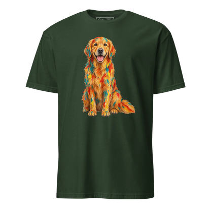 A forest green short-sleeve crewneck t-shirt featuring a colorful graphic print of a Golden Retriever dog with a geometric, mosaic-like pattern in orange, yellow, and red.
