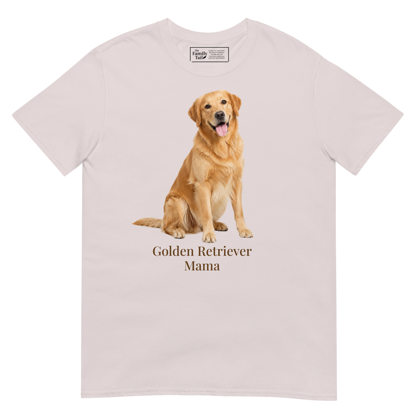 An ice gray short-sleeve crewneck t-shirt featuring a graphic print of a golden retriever dog sitting above the text 'Golden Retriever Mama' in a dark brown font on a transparent background.