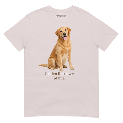 An ice gray short-sleeve crewneck t-shirt featuring a graphic print of a golden retriever dog sitting above the text 'Golden Retriever Mama' in a dark brown font on a transparent background.