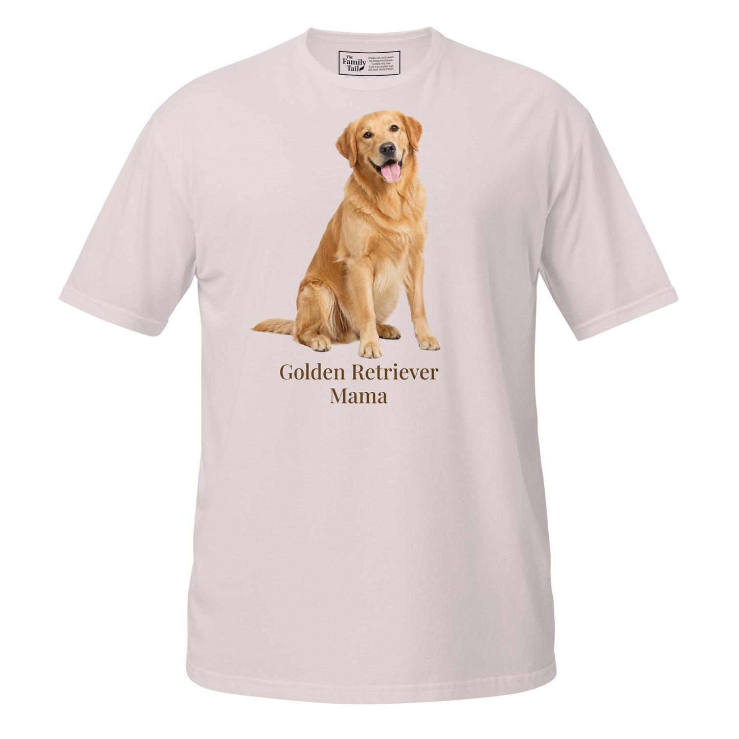 An ice gray short-sleeve crewneck t-shirt featuring a graphic print of a golden retriever dog sitting above the text 'Golden Retriever Mama' in a dark brown font on a transparent background.