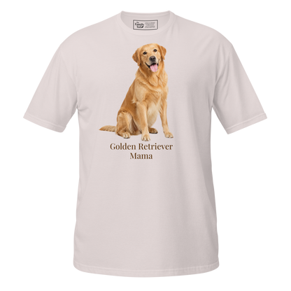 An ice gray short-sleeve crewneck t-shirt featuring a graphic print of a golden retriever dog sitting above the text 'Golden Retriever Mama' in a dark brown font on a transparent background.