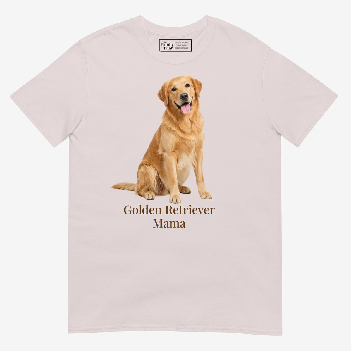 An ice gray short-sleeve crewneck t-shirt featuring a graphic print of a golden retriever dog sitting above the text 'Golden Retriever Mama' in a dark brown font on a light gray background.