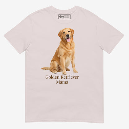 An ice gray short-sleeve crewneck t-shirt featuring a graphic print of a golden retriever dog sitting above the text 'Golden Retriever Mama' in a dark brown font on a light gray background.