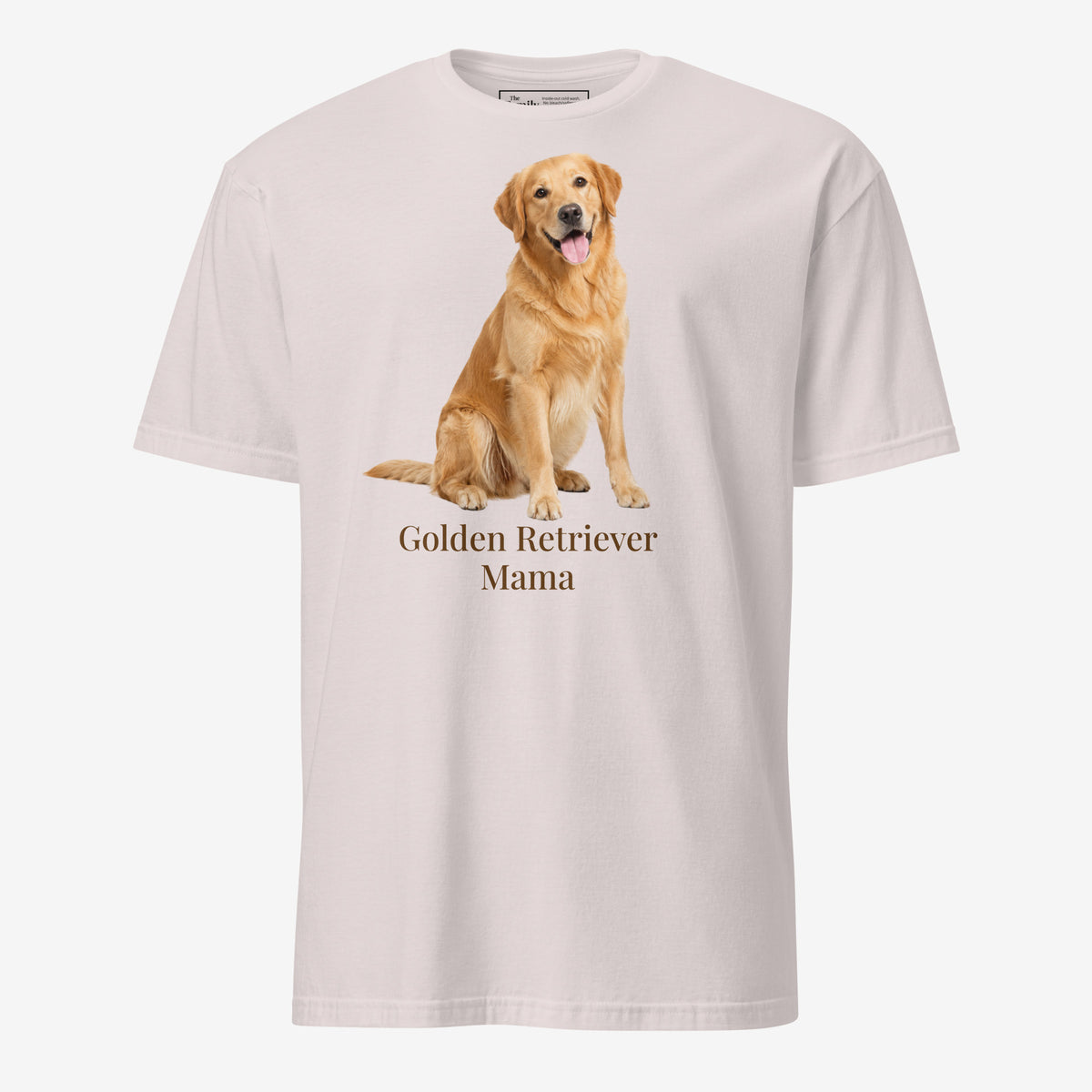 An ice gray short-sleeve crewneck t-shirt featuring a graphic print of a golden retriever dog sitting above the text 'Golden Retriever Mama' in a dark brown font on a light gray background.