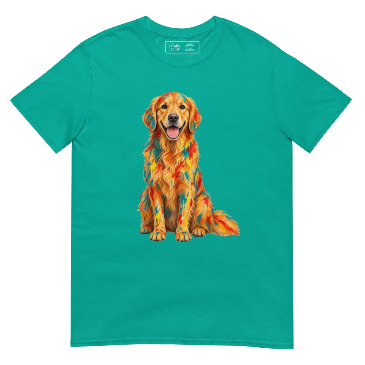 A jade dome short-sleeve crewneck t-shirt featuring a colorful graphic print of a Golden Retriever dog with a geometric, mosaic-like pattern in orange, yellow, and red.