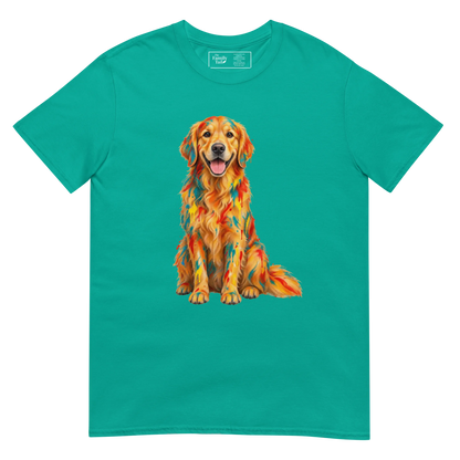 A jade dome short-sleeve crewneck t-shirt featuring a colorful graphic print of a Golden Retriever dog with a geometric, mosaic-like pattern in orange, yellow, and red.