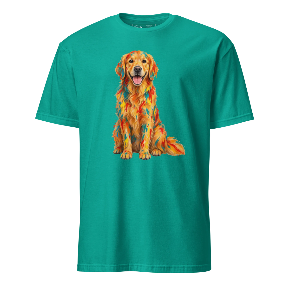 A jade dome short-sleeve crewneck t-shirt featuring a colorful graphic print of a Golden Retriever dog with a geometric, mosaic-like pattern in orange, yellow, and red.