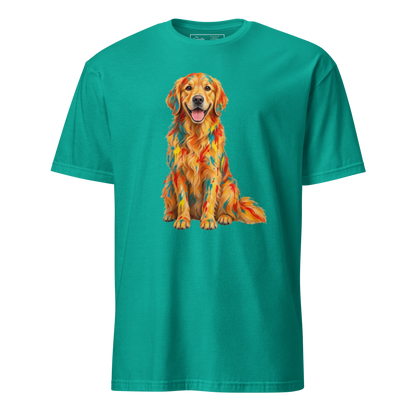 A jade dome short-sleeve crewneck t-shirt featuring a colorful graphic print of a Golden Retriever dog with a geometric, mosaic-like pattern in orange, yellow, and red.