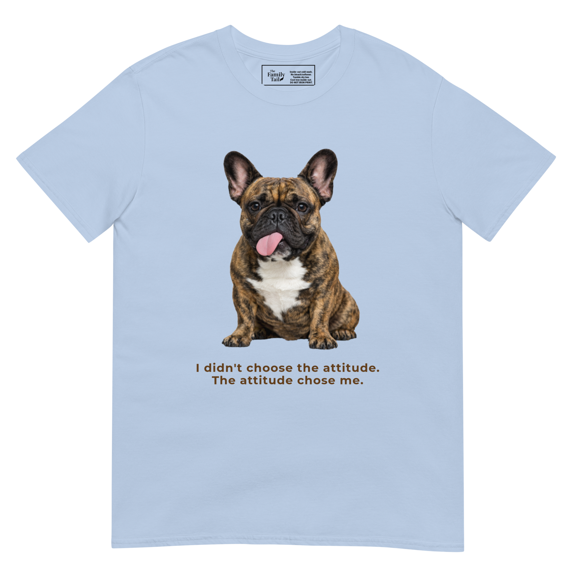 Frenchie Attitude tee in light blue – front view