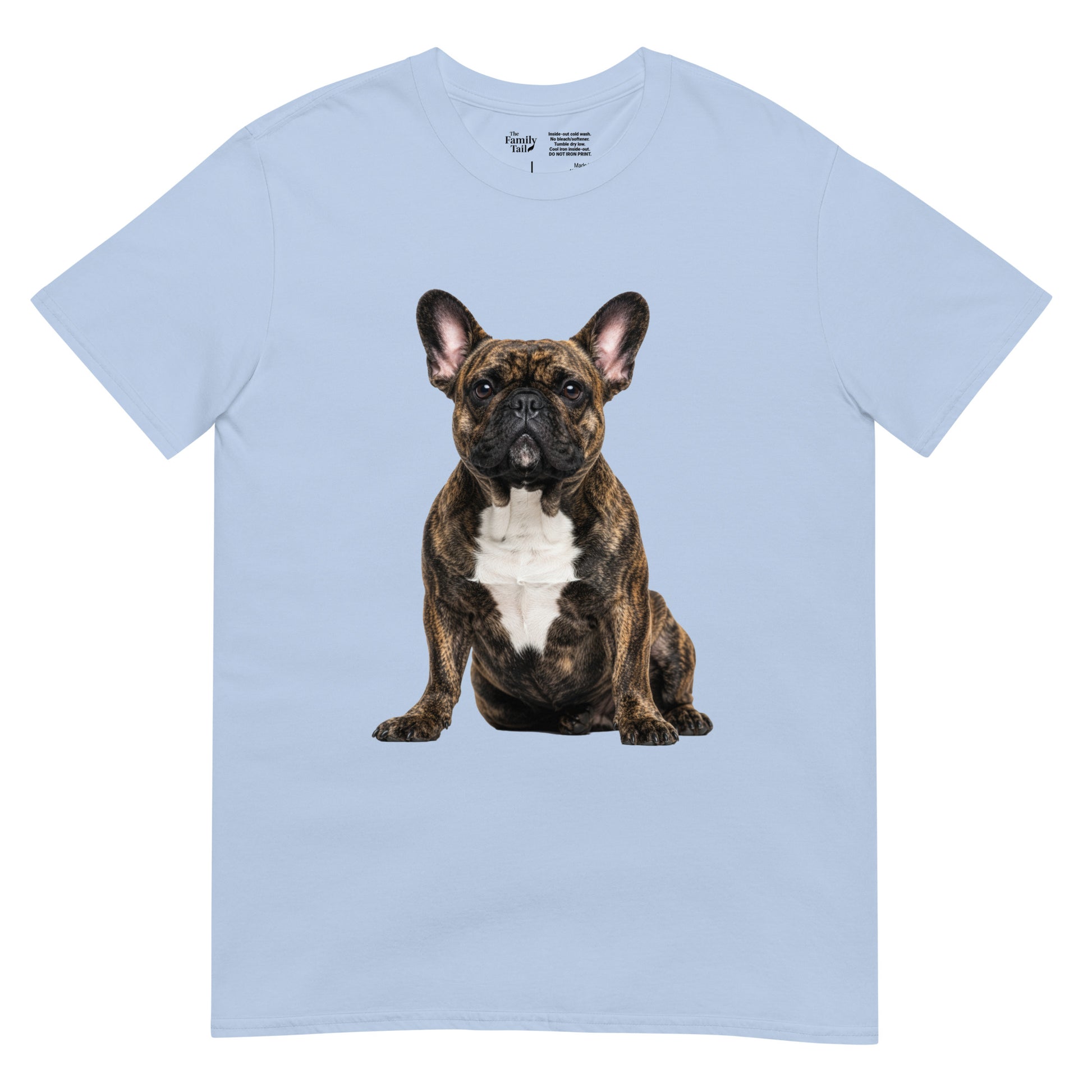 Brindle Frenchie Tee in light blue – front view