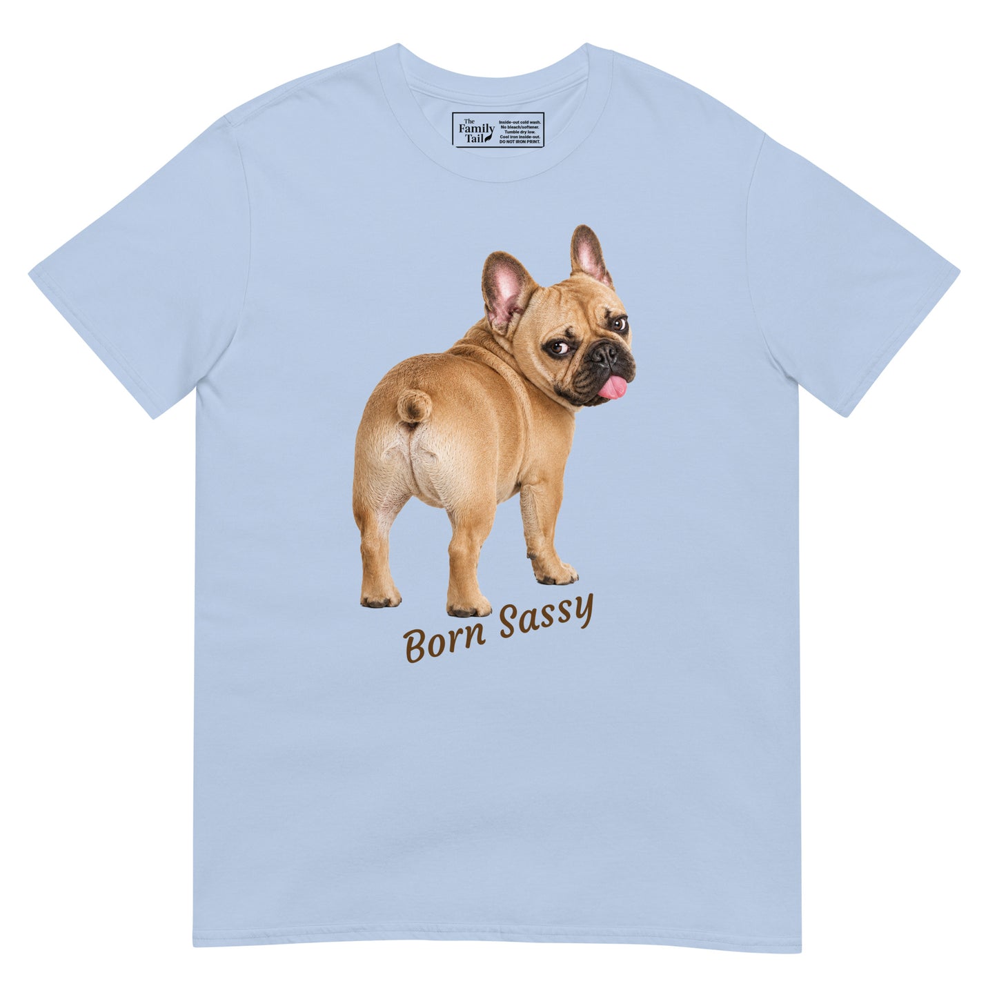 Frenchie Born Sassy tee in light blue – front view