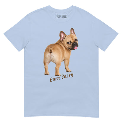Frenchie Born Sassy tee in light blue – front view