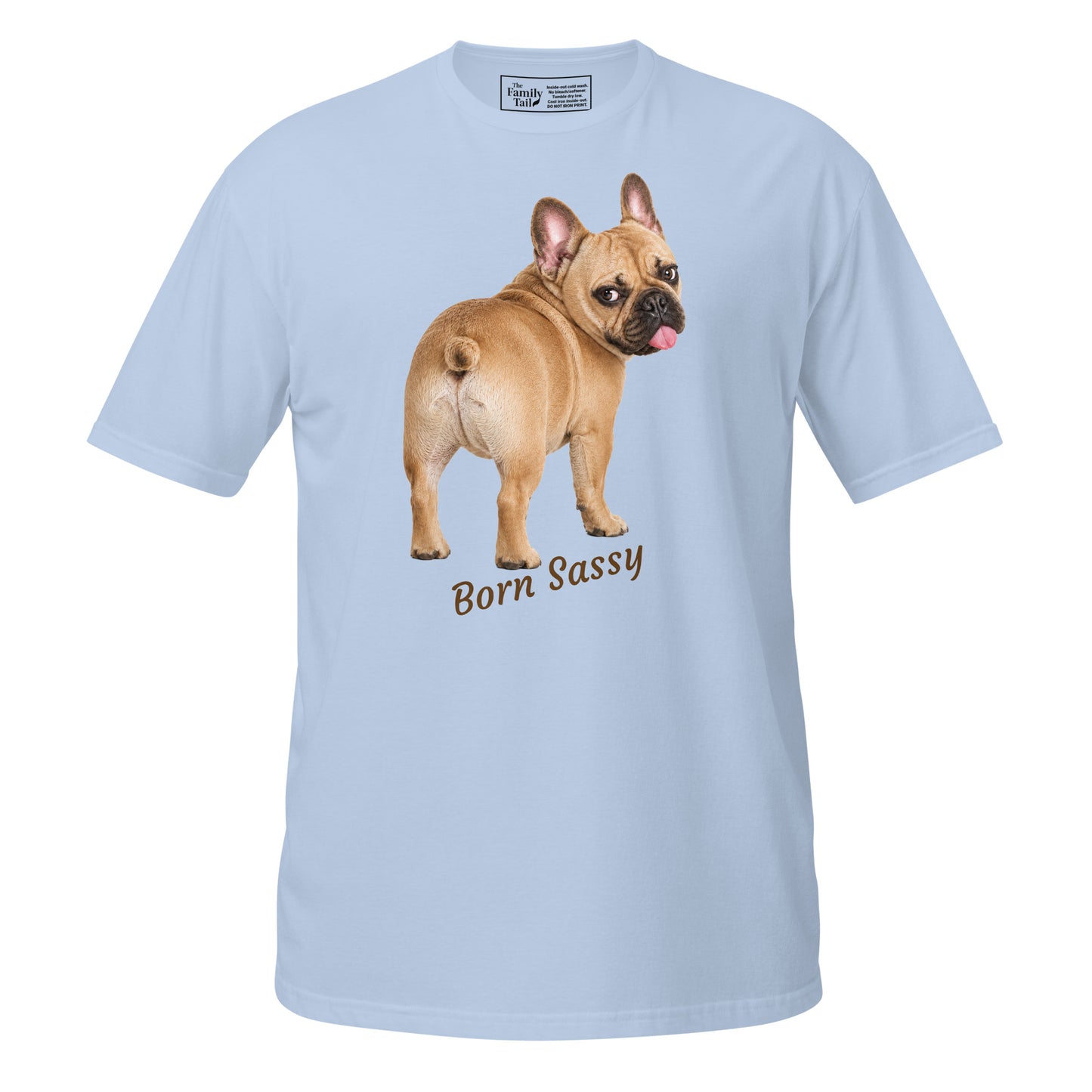 Frenchie Born Sassy tee in light blue – front view