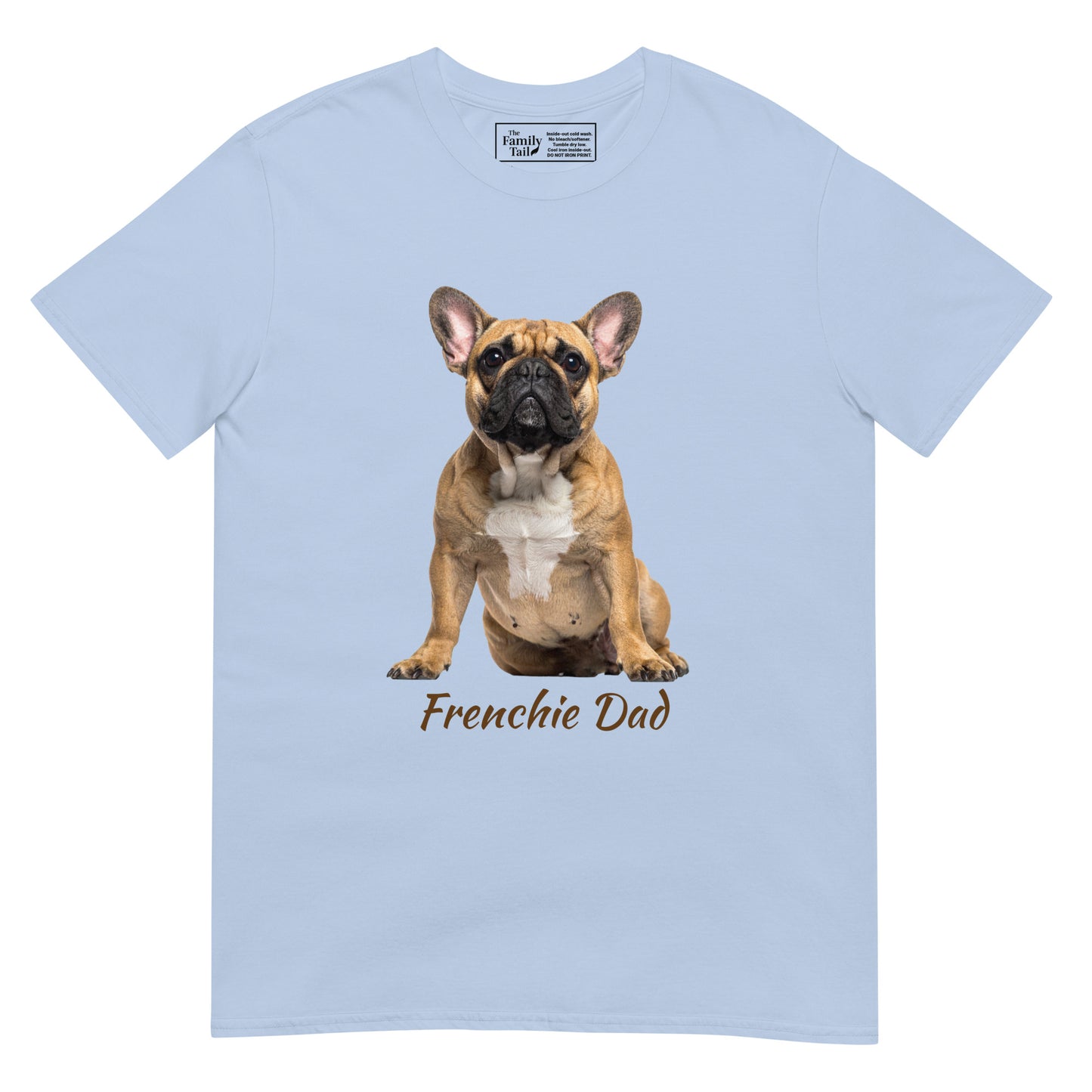 Frenchie Dad tee in light blue – front view