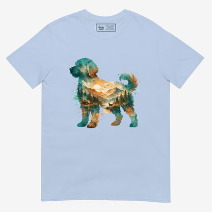A light blue short-sleeve crewneck t-shirt featuring a watercolor-style graphic of a goldendoodle dog silhouette filled with a scenic landscape of mountains, trees, and a lake.