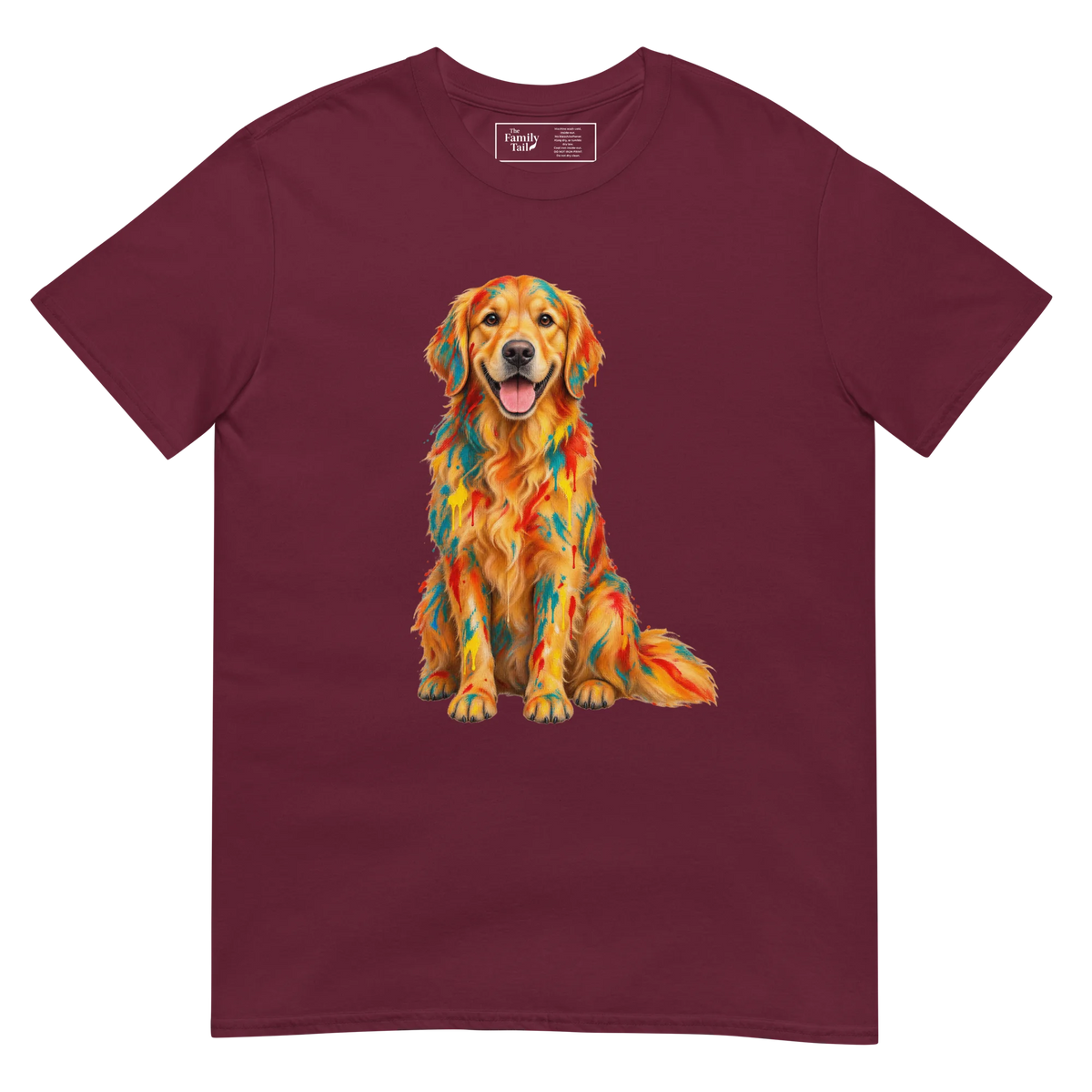A maroon short-sleeve crewneck t-shirt featuring a colorful graphic print of a Golden Retriever dog with a geometric, mosaic-like pattern in orange, yellow, and red.