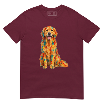 A maroon short-sleeve crewneck t-shirt featuring a colorful graphic print of a Golden Retriever dog with a geometric, mosaic-like pattern in orange, yellow, and red.