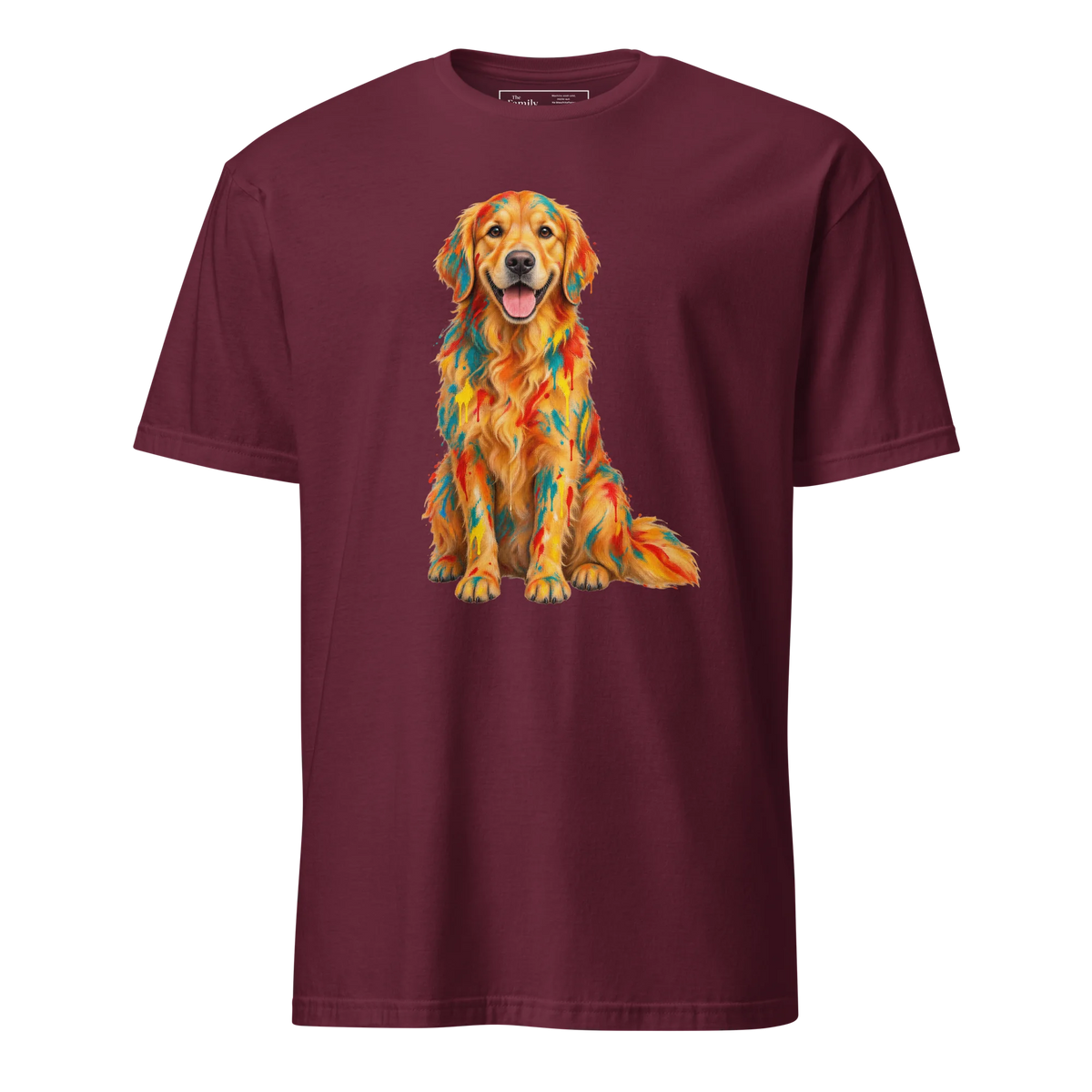 A maroon short-sleeve crewneck t-shirt featuring a colorful graphic print of a Golden Retriever dog with a geometric, mosaic-like pattern in orange, yellow, and red.