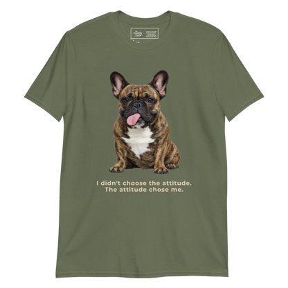 Frenchie Attitude tee in military green – front view
