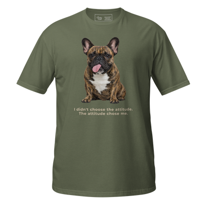 Frenchie Attitude tee in military green – front view