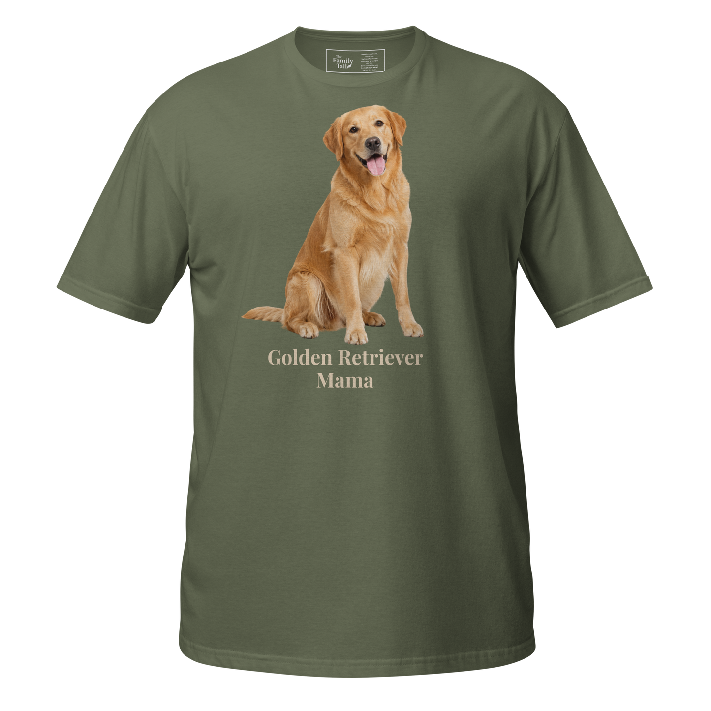 A military green short-sleeve crewneck t-shirt featuring a graphic print of a golden retriever dog sitting above the text 'Golden Retriever Mama' in a light beige font on a transparent background.