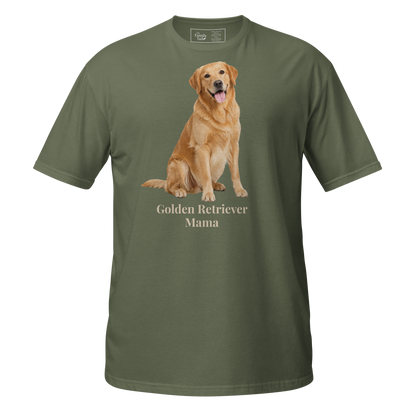A military green short-sleeve crewneck t-shirt featuring a graphic print of a golden retriever dog sitting above the text 'Golden Retriever Mama' in a light beige font on a transparent background.