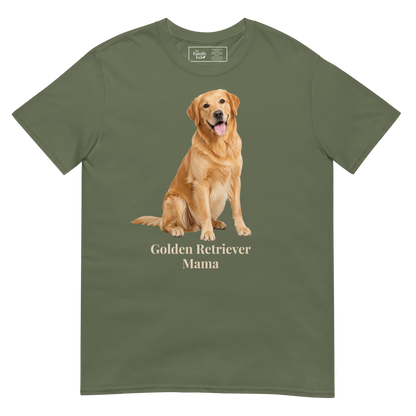 A military green short-sleeve crewneck t-shirt featuring a graphic print of a golden retriever dog sitting above the text 'Golden Retriever Mama' in a light beige font on a transparent background.