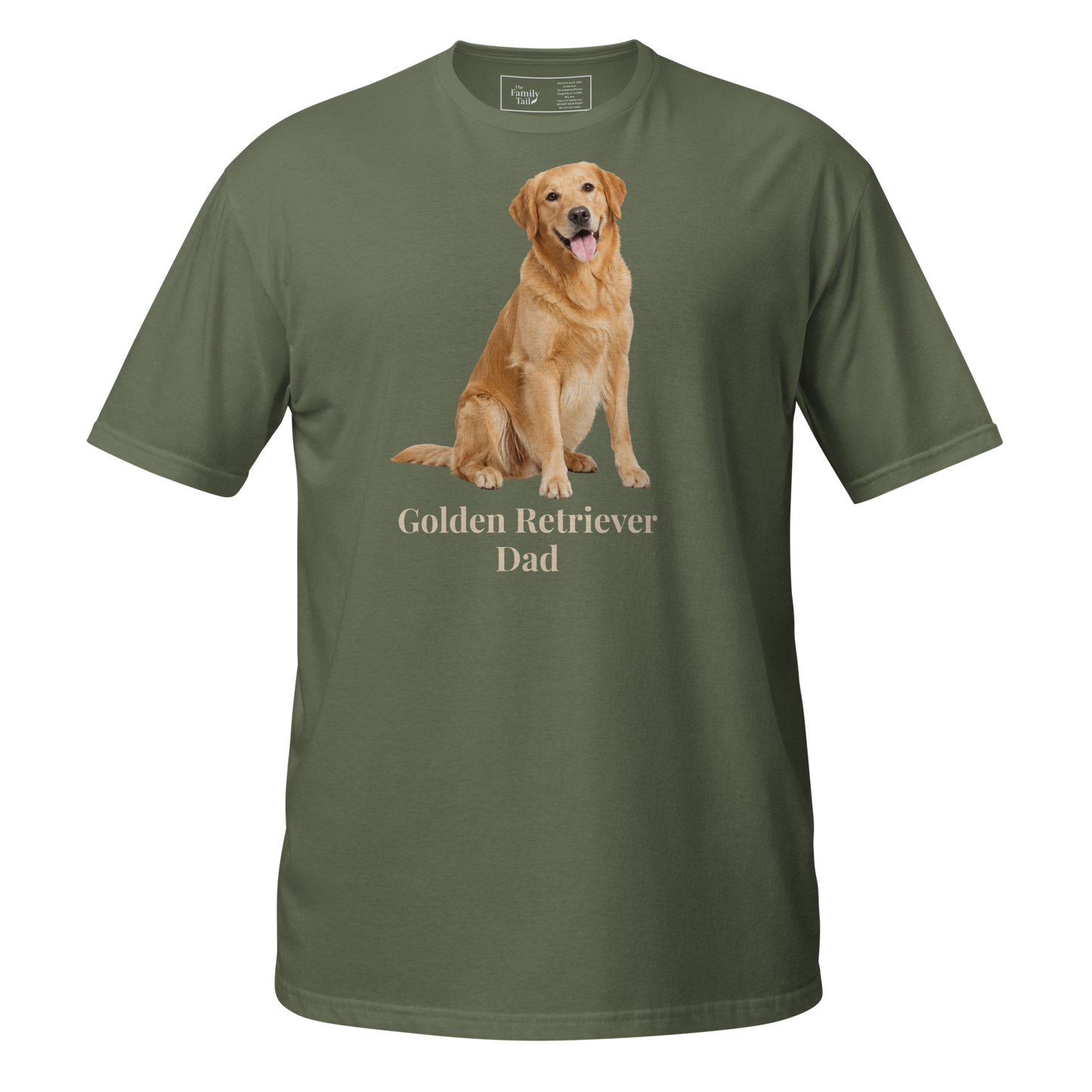 A military green short-sleeve t-shirt with a graphic of a golden retriever dog sitting above the text 'Golden Retriever Dad' in beige font, shown on a transparent background.