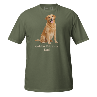 A military green short-sleeve t-shirt with a graphic of a golden retriever dog sitting above the text 'Golden Retriever Dad' in beige font, shown on a transparent background.