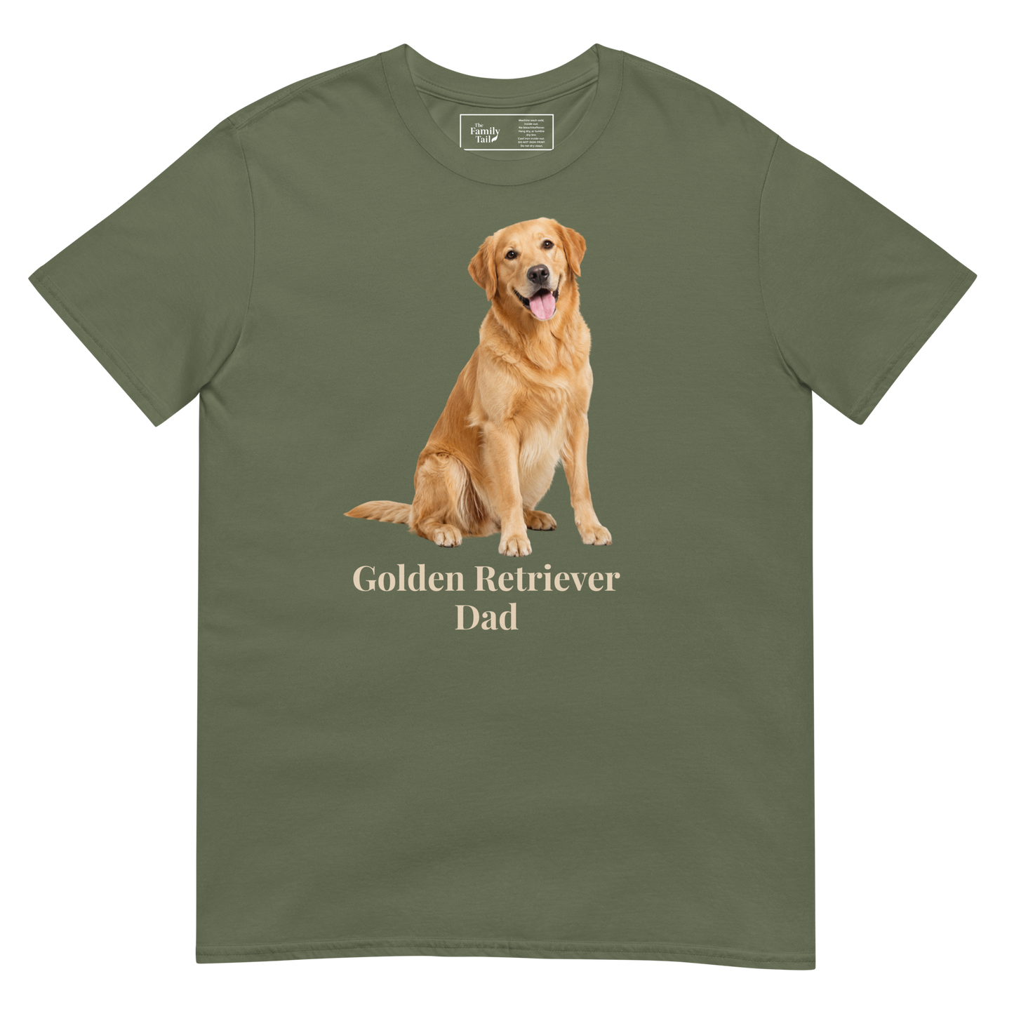 A military green short-sleeve t-shirt with a graphic of a golden retriever dog sitting above the text 'Golden Retriever Dad' in beige font, shown on a transparent background.