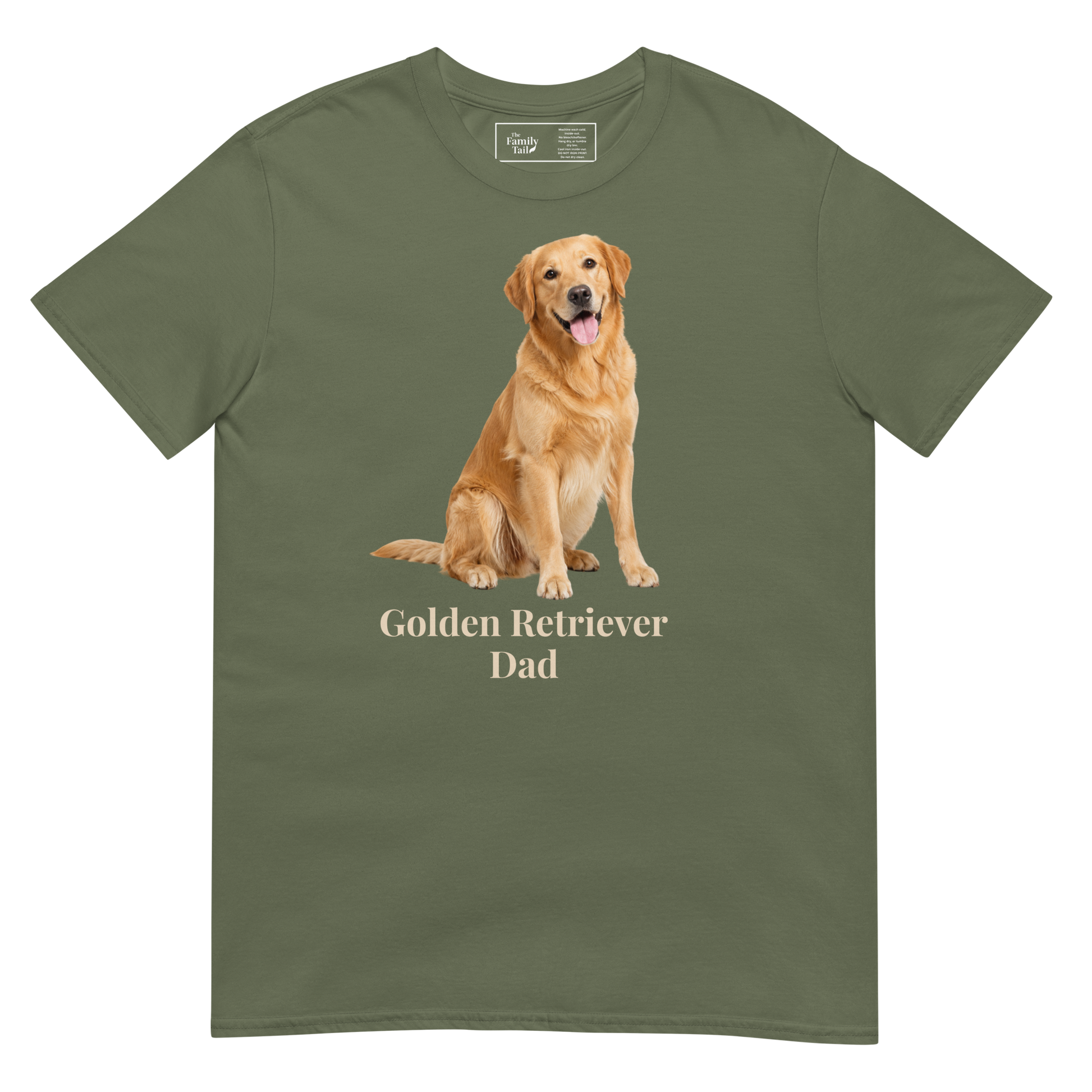 A military green short-sleeve t-shirt with a graphic of a golden retriever dog sitting above the text 'Golden Retriever Dad' in beige font, shown on a transparent background.