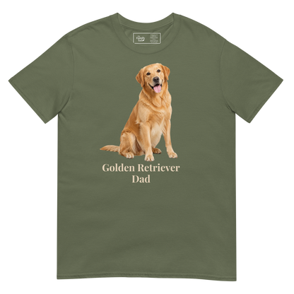 A military green short-sleeve t-shirt with a graphic of a golden retriever dog sitting above the text 'Golden Retriever Dad' in beige font, shown on a transparent background.
