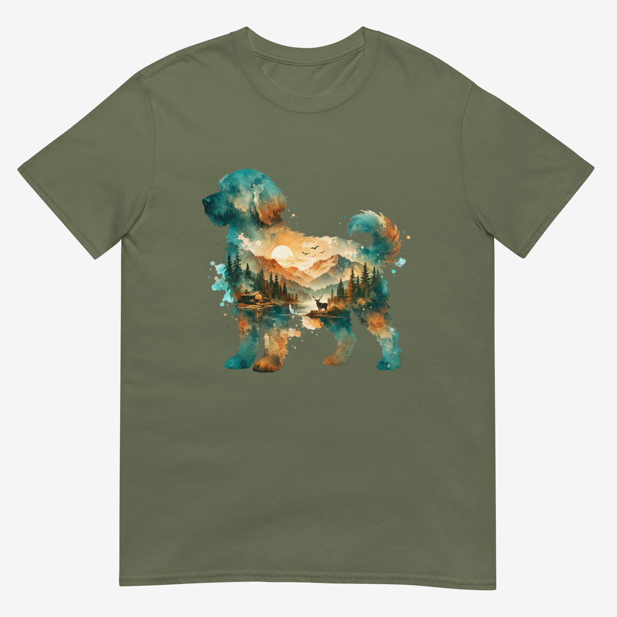 A military green short-sleeve crewneck t-shirt featuring a watercolor-style graphic of a goldendoodle dog silhouette filled with a scenic landscape of mountains, trees, and a lake.