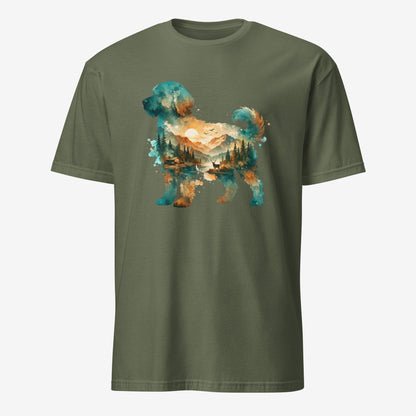 A military green short-sleeve crewneck t-shirt featuring a watercolor-style graphic of a goldendoodle dog silhouette filled with a scenic landscape of mountains, trees, and a lake.