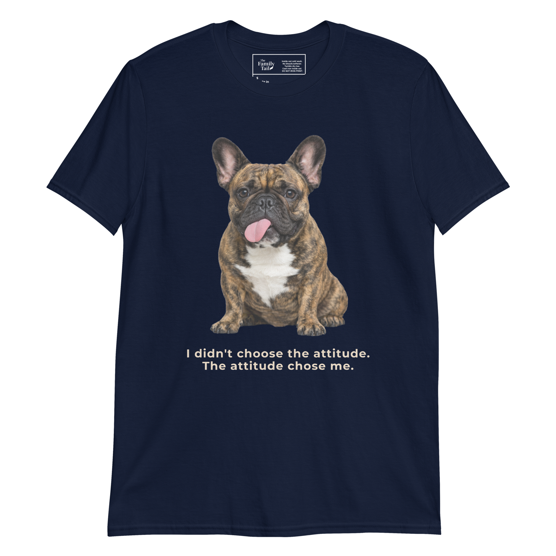 Frenchie Attitude tee in navy – front view