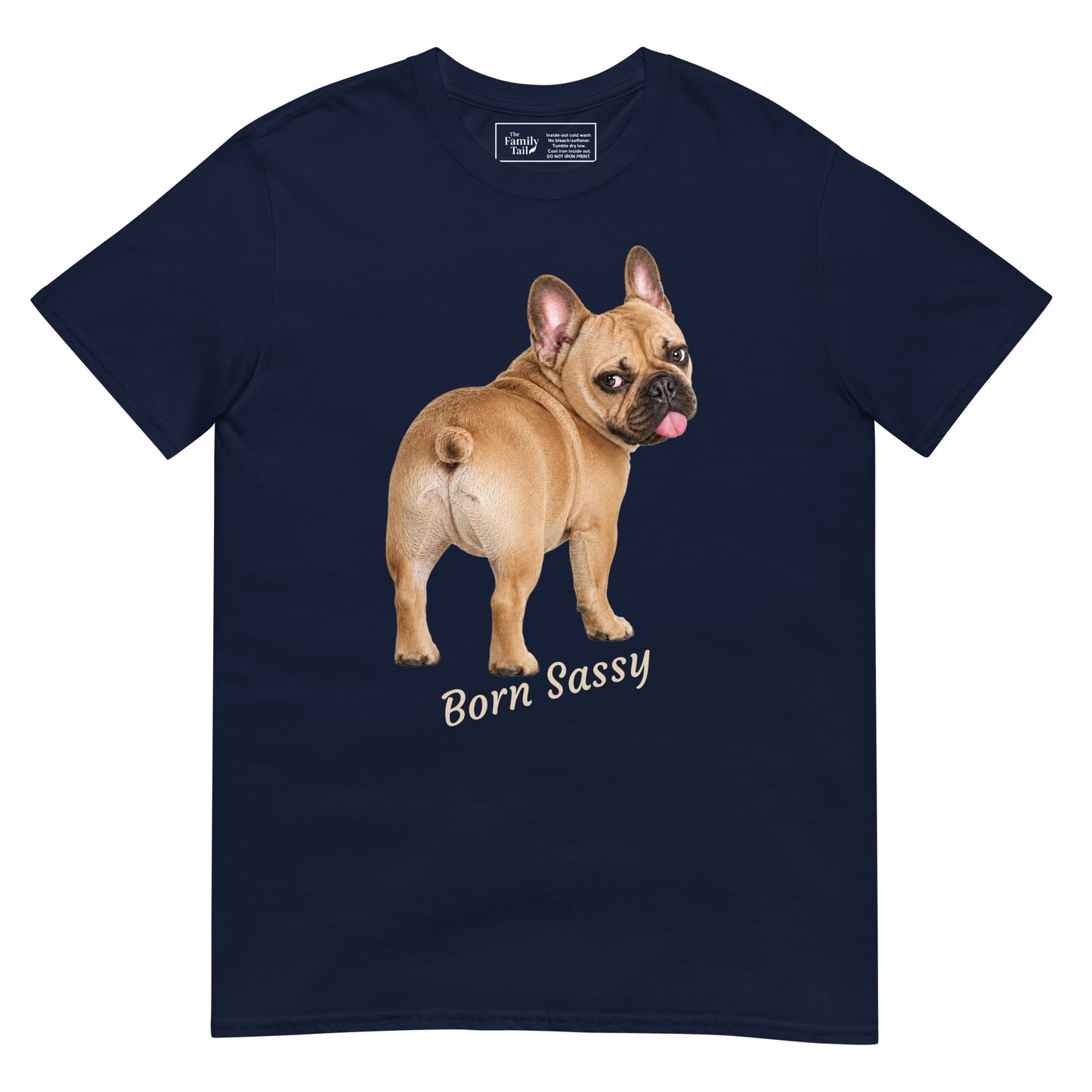 Frenchie Born Sassy tee in navy – front view